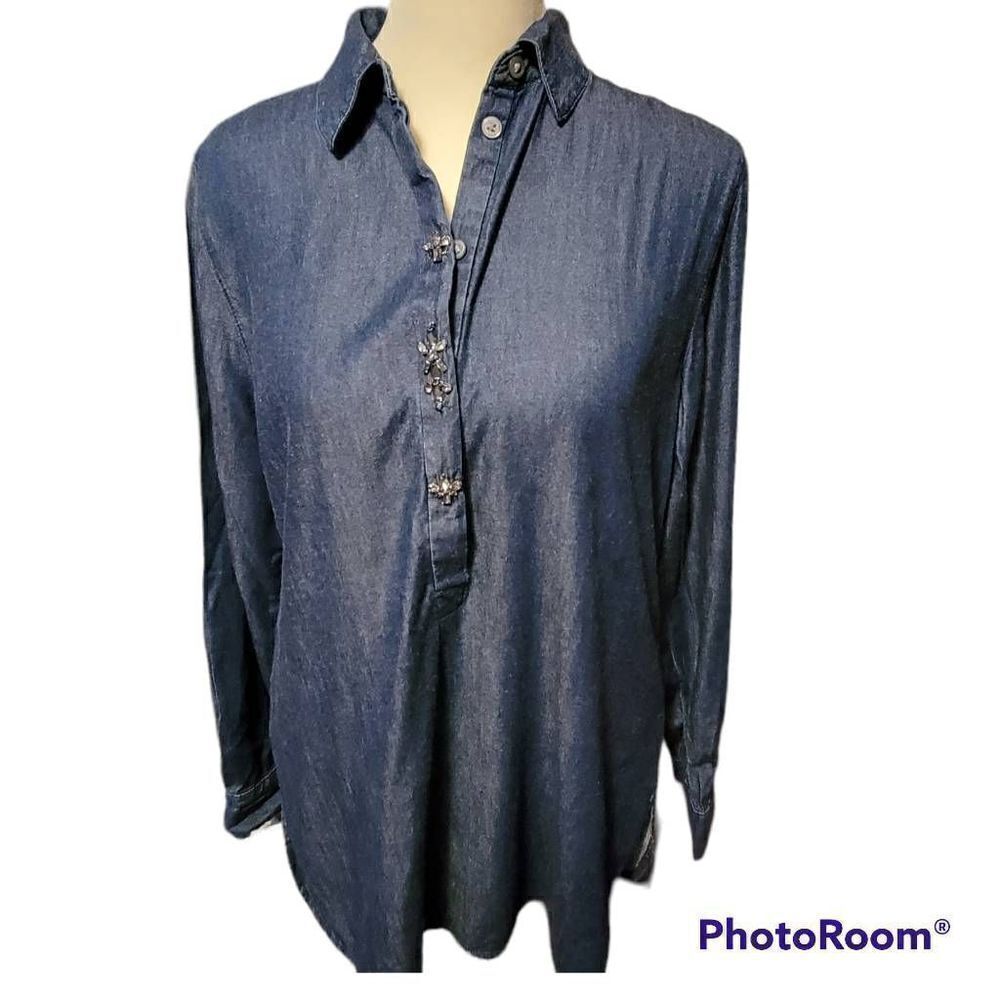 LOFT Women's Denim Jeweled Blouse Size Small